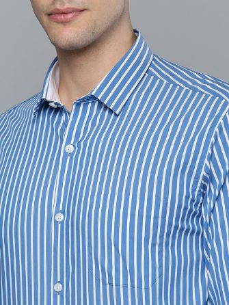 Blue & White Slim Fit Striped Formal Shirt by Louis Philippe